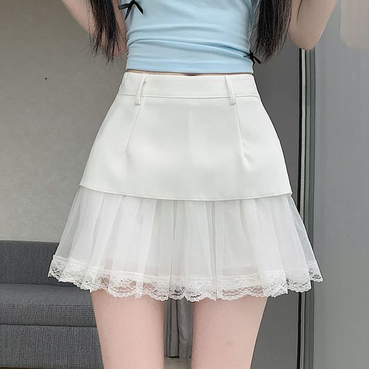 Mid Waist Sheer Overlay Mini Pleated Skirt