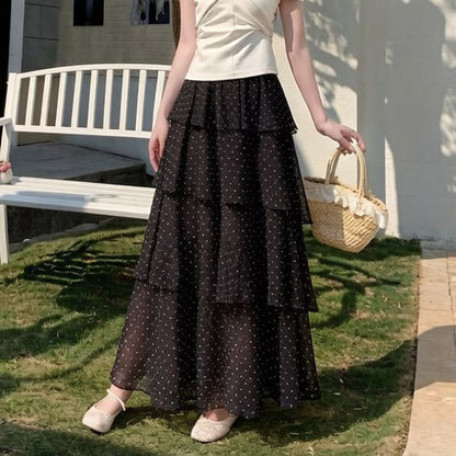 Mid Waist Dotted Maxi Tiered Skirt