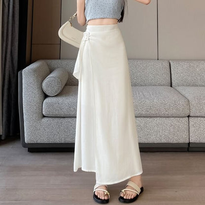 High Waist Asymmetrical Plain Maxi A-Line Skirt