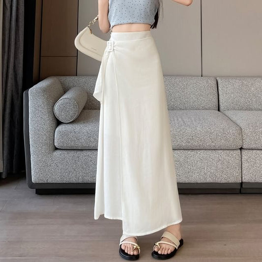 High Waist Asymmetrical Plain Maxi A-Line Skirt