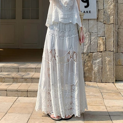 High Waist Lace Maxi A-Line Skirt