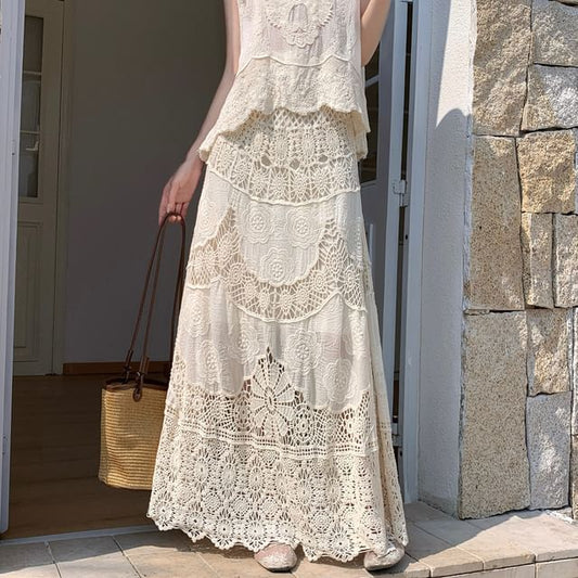 High Waist Lace Maxi A-Line Skirt
