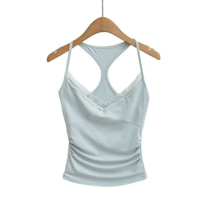 Halter V-Neck Lace Trim Ruched Racerback Crop