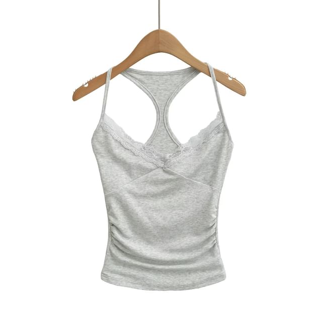 Halter V-Neck Lace Trim Ruched Racerback Crop