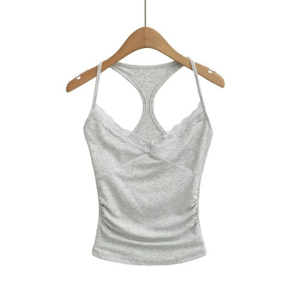 Halter V-Neck Lace Trim Ruched Racerback Crop