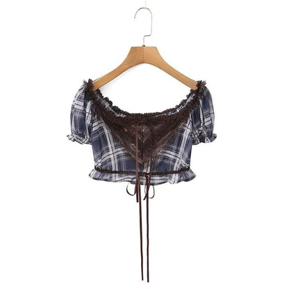 Off-Shoulder Puff Sleeve Plaid Lace Crop Top