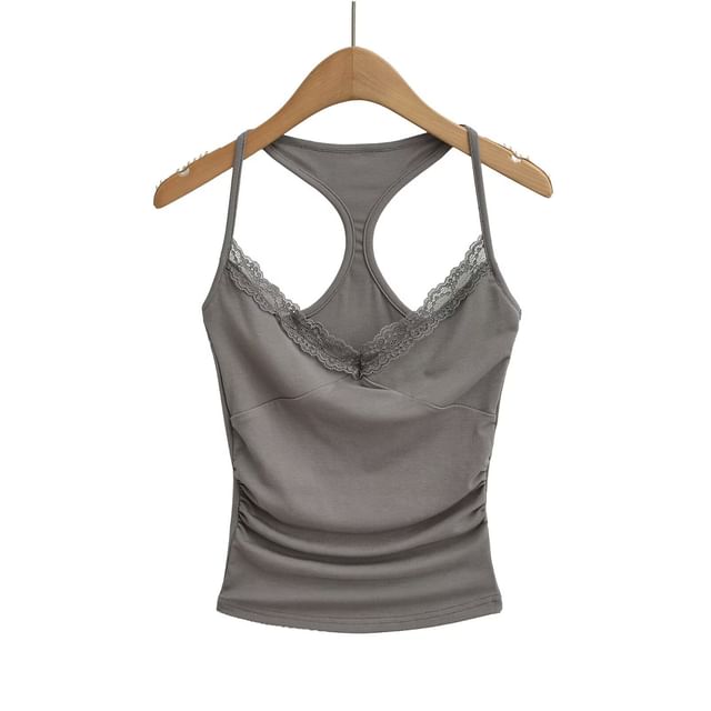 Halter V-Neck Lace Trim Ruched Racerback Crop