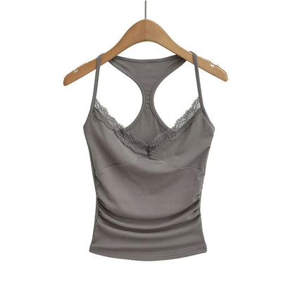 Halter V-Neck Lace Trim Ruched Racerback Crop