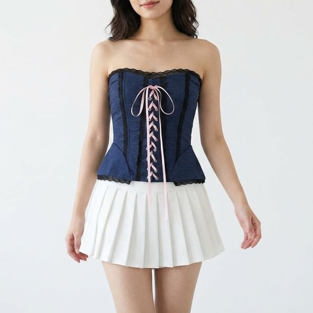 Lace-Up Corset Crop Tube Top with Lace Trim