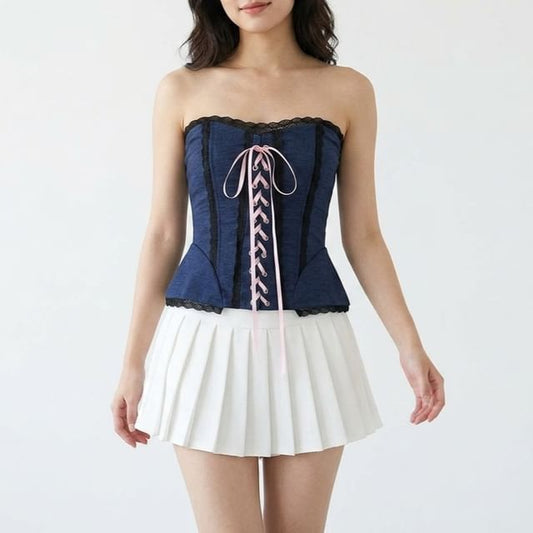 Lace-Up Corset Crop Tube Top with Lace Trim