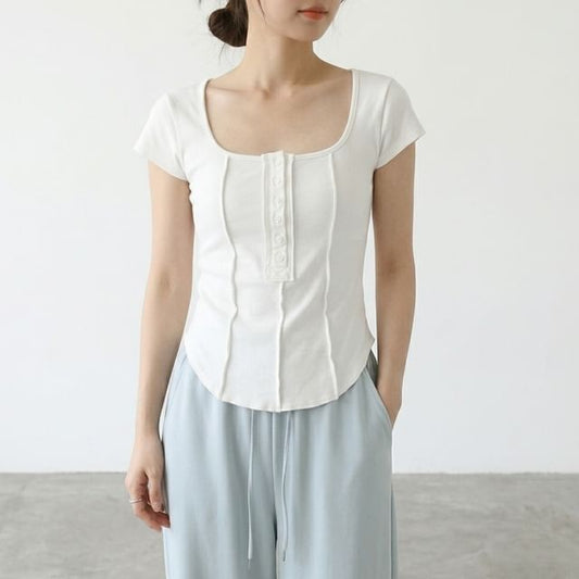 Scoop Neck Ribbed Half-Button Crop Tee