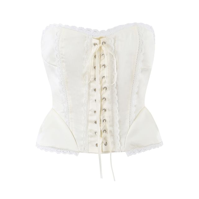 Lace-Up Corset Crop Tube Top with Lace Trim