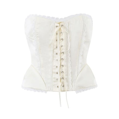 Lace-Up Corset Crop Tube Top with Lace Trim