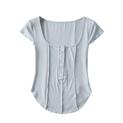 Scoop Neck Ribbed Half-Button Crop Tee
