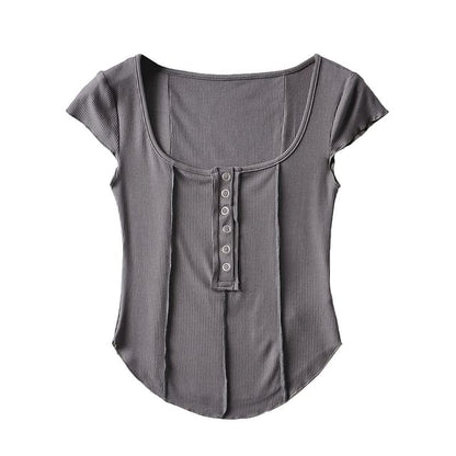 Scoop Neck Ribbed Half-Button Crop Tee