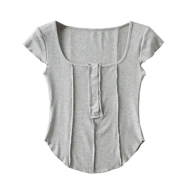 Scoop Neck Ribbed Half-Button Crop Tee