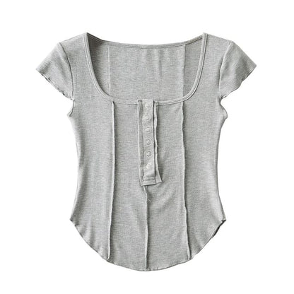 Scoop Neck Ribbed Half-Button Crop Tee