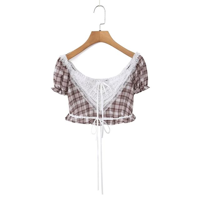 Off-Shoulder Puff Sleeve Plaid Lace Crop Top