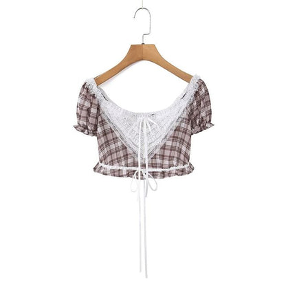 Off-Shoulder Puff Sleeve Plaid Lace Crop Top