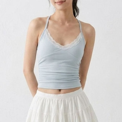 Halter V-Neck Lace Trim Ruched Racerback Crop