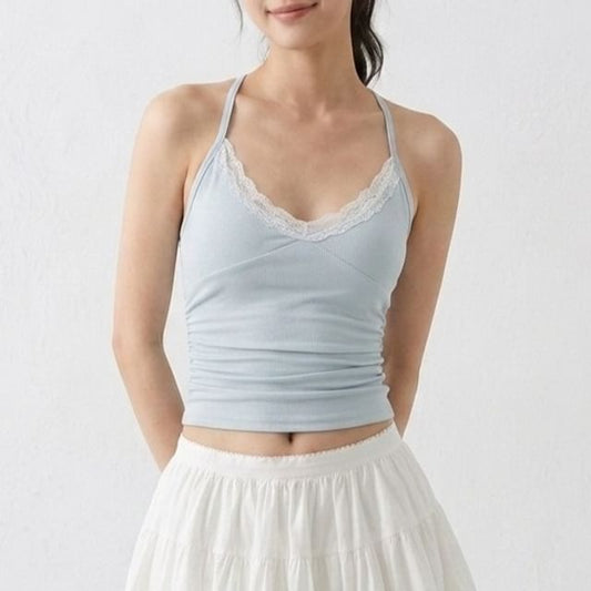 Halter V-Neck Lace Trim Ruched Racerback Crop