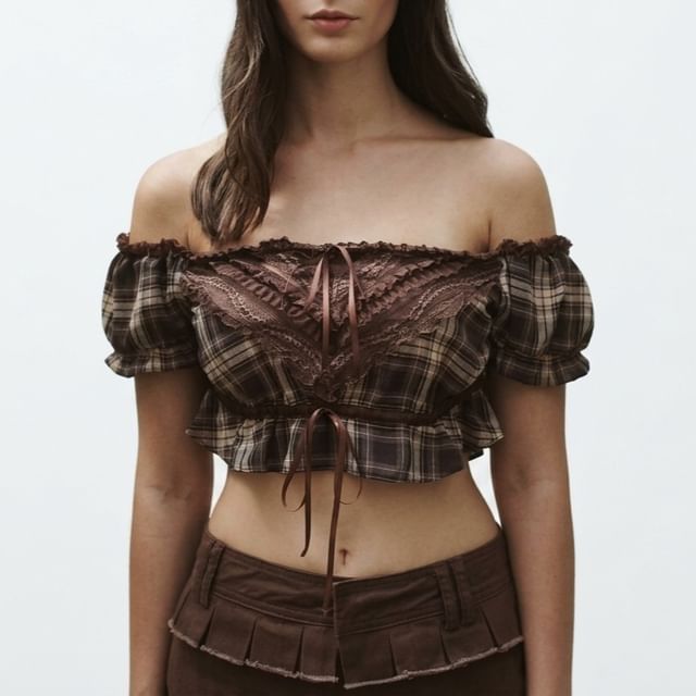 Off-Shoulder Puff Sleeve Plaid Lace Crop Top