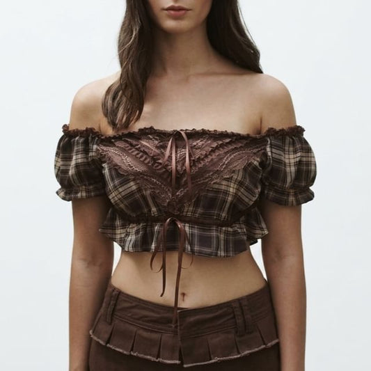 Off-Shoulder Puff Sleeve Plaid Lace Crop Top