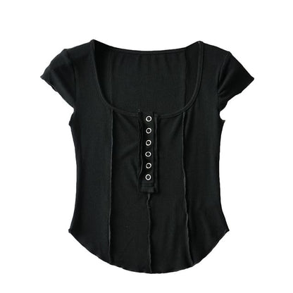 Scoop Neck Ribbed Half-Button Crop Tee