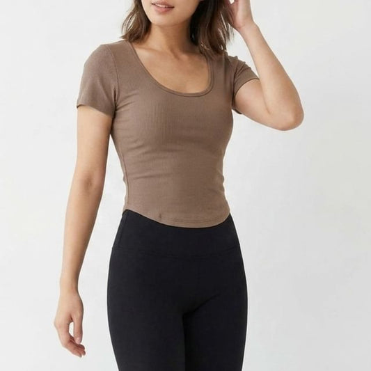 Ribbed Slim Fit Scoop Neck Short Sleeve Crop Tee