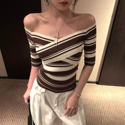 Off Shoulder Striped Knit Short Sleeve Top