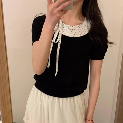Mock Two-Piece Dotted Panel Knit Short Sleeve Top