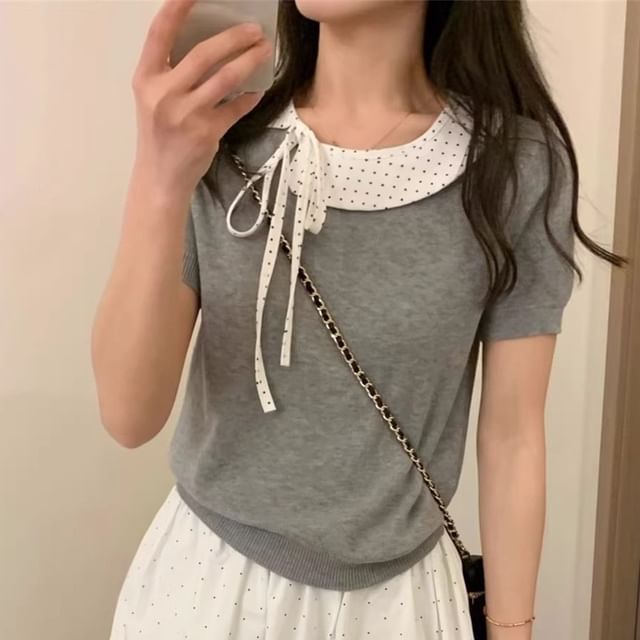 Mock Two-Piece Dotted Panel Knit Short Sleeve Top