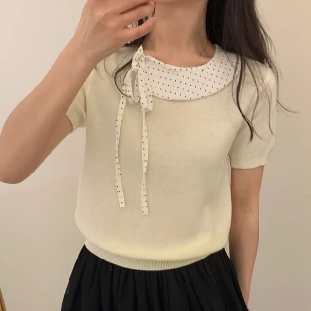 Mock Two-Piece Dotted Panel Knit Short Sleeve Top