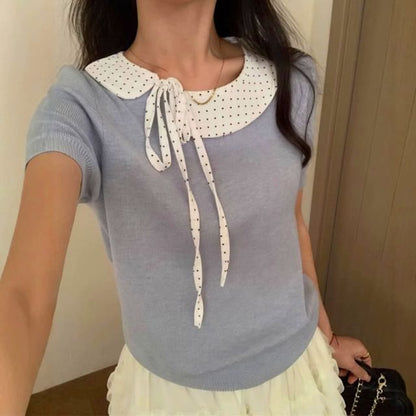 Mock Two-Piece Dotted Panel Knit Short Sleeve Top