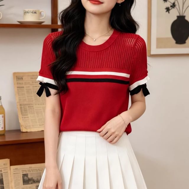 Crewneck Ribbed Knit Short Sleeve Top