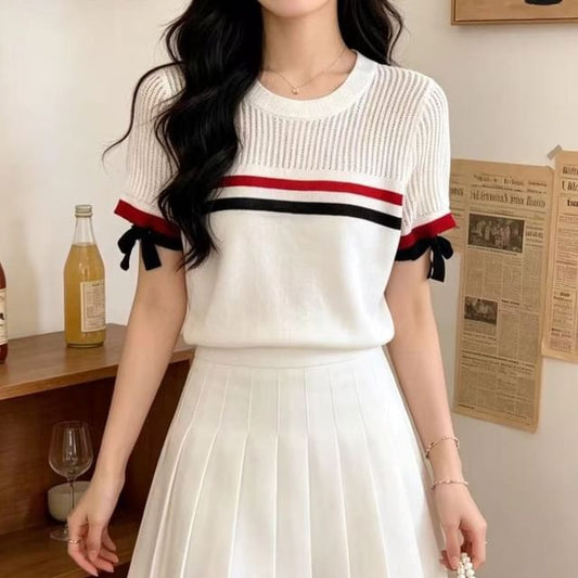 Crewneck Ribbed Knit Short Sleeve Top