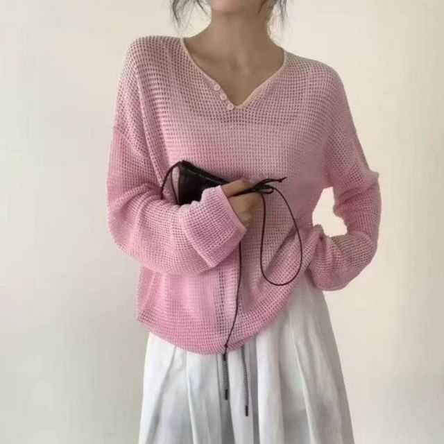 Perforated Knit V-Neck Top