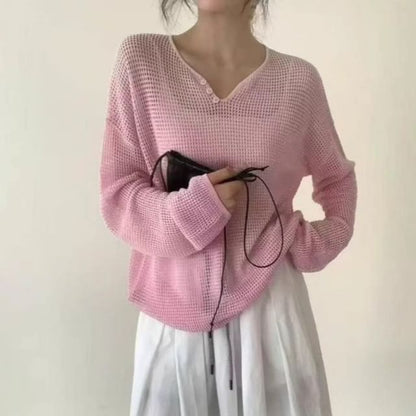 Perforated Knit V-Neck Top