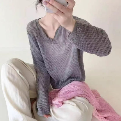 Perforated Knit V-Neck Top