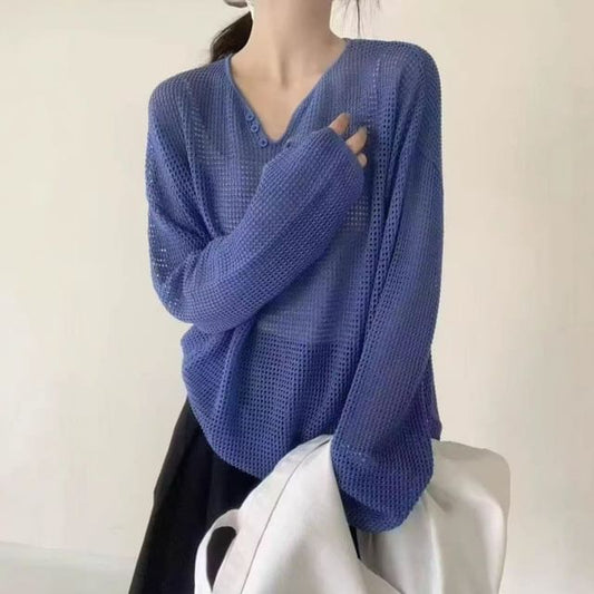 Perforated Knit V-Neck Top