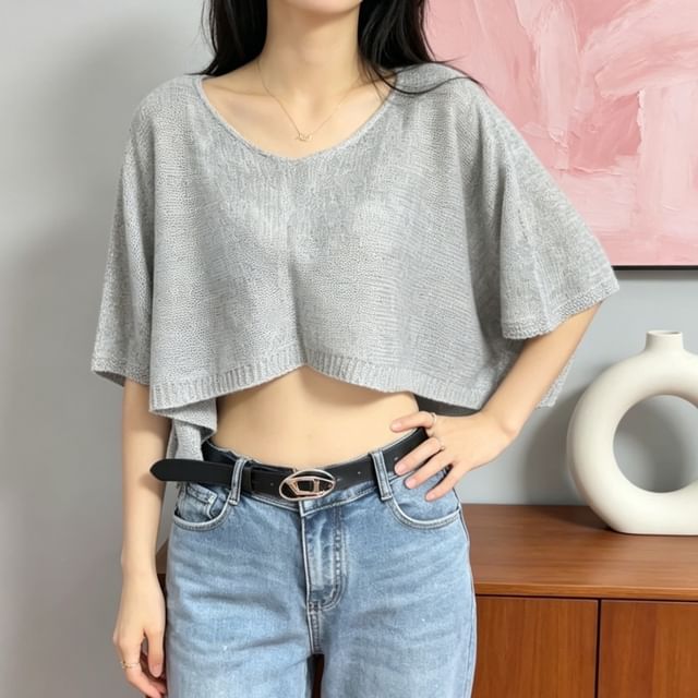 Boatneck Three-Quarter Sleeve Crop Knit Top