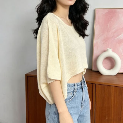 Boatneck Three-Quarter Sleeve Crop Knit Top