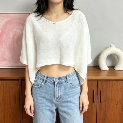 Boatneck Three-Quarter Sleeve Crop Knit Top