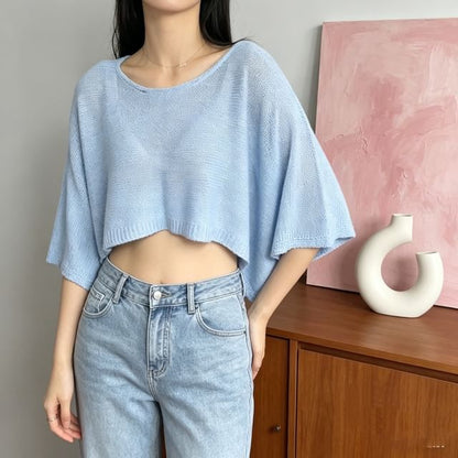 Boatneck Three-Quarter Sleeve Crop Knit Top