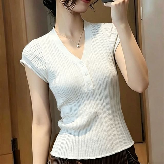 V-Neck Henley Knit Short Sleeve Top