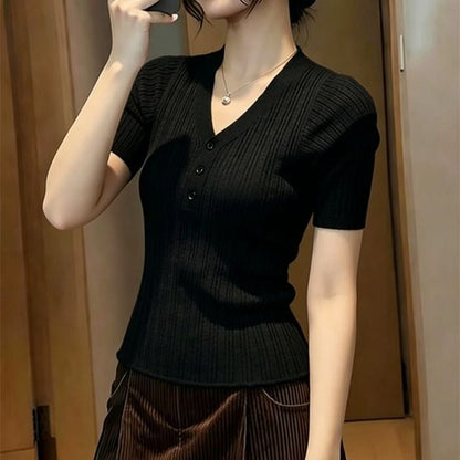 V-Neck Henley Knit Short Sleeve Top