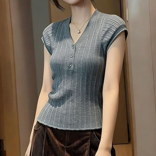 V-Neck Henley Knit Short Sleeve Top