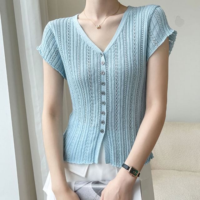 Eyelet Button-Up Cap Sleeve Top