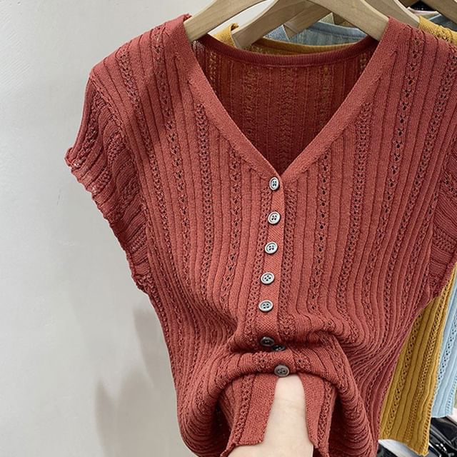Eyelet Button-Up Cap Sleeve Top