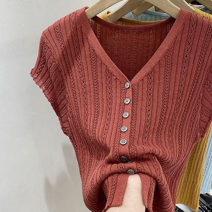 Eyelet Button-Up Cap Sleeve Top